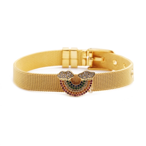 Rainbow Charm Adjustable Mesh Watchband Bracelet Stainless Steel Colorful Zircon Inlaid Jewelry For Women Men