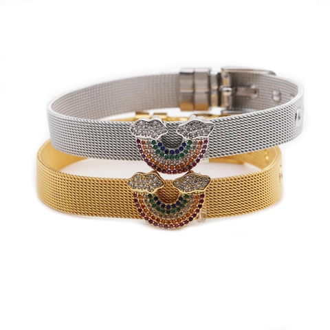 Rainbow Charm Adjustable Mesh Watchband Bracelet Stainless Steel Colorful Zircon Inlaid Jewelry For Women Men