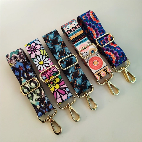 Wide Shoulder Bag Strap Replacement Adjustable Polyester Webbing Ethnic Bohemian Pattern Alloy Hooks Crossbody Handbag