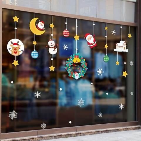 Christmas Window Stickers PVC Static Cling Santa Snowman Reindeer Snowflake Garland Glass Door Holiday Decor