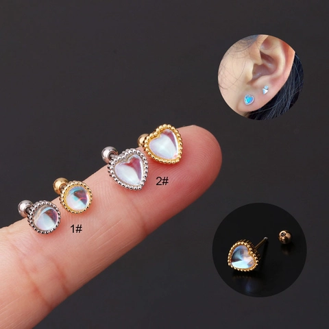 Pendientes De Cartilago Piedra Lunar Corazon Redondo Poste Acero Inoxidable Cobre Joyeria Piercing Mujer