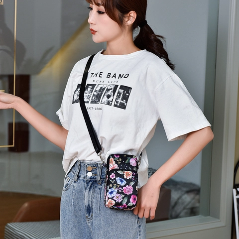 Mini Crossbody Mobile Phone Bag Women Floral Print Oxford Cloth Multi Layer Zipper Pockets Water Resistant Arm Bag