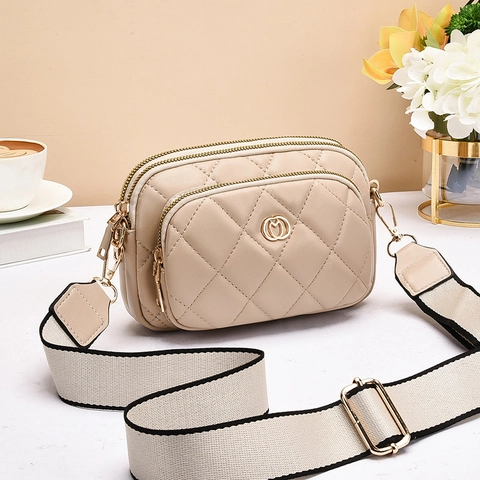 Bolso Bandolera Mujer Cuero PU Patrón Rombos Acolchados Capas Con Cremallera Correa Ancha Bordada Estilo Urbano