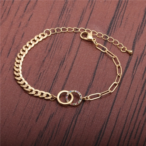 Fashion Copper Bracelet Gold Plated With Colorful Zircon Mixed Cuban Paperclip Chain Interlocking Double Rings Adjustable