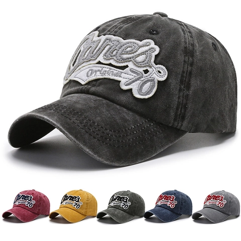 Cappello Da Baseball In Cotone Lavato Vintage Retrò Ricamo Lettere Tesa Curva Fibbia In Metallo Regolabile Cappello Sole