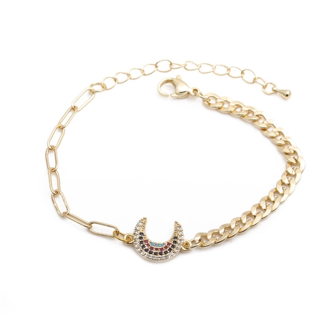 Pulsera Con Colgante De Luna Moda Cobre Circonita De Colores Cadena Cubana Empalmada Joyería Ajustable Para Mujer Hip Hop