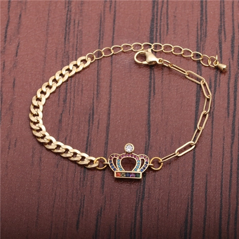 Kronen Anhänger Armband Kupfer Bunte Zirkonia Patchwork Gliederkette Verstellbar Punk Hip Hop Schmuck Für Damen