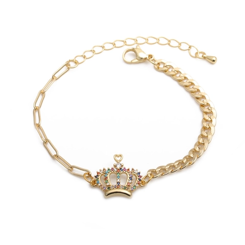 Kronen Anhänger Armband Kupfer Bunte Zirkonia Patchwork Gliederkette Verstellbar Punk Hip Hop Schmuck Für Damen