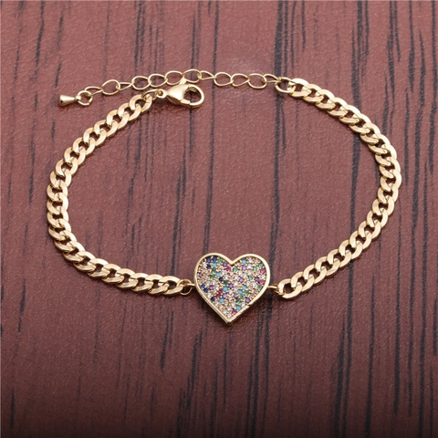 Hip Hop Heart Pendant Bracelet Colorful Zircon Inlaid Copper Gold Plated Cuban Link Chain Adjustable