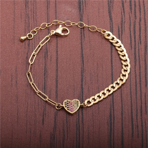 Heart Pendant Bracelet Copper Asymmetric Paperclip Cuban Link Multi-color Cubic Zirconia Punk Hip Hop Women