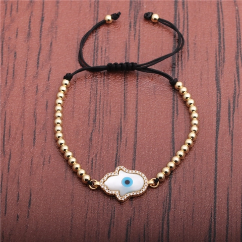 Hamsa Hand Evil Eye Bracelet Gold Plated Copper Beads Micro Pave Cubic Zirconia Adjustable Black Woven Rope Jewelry