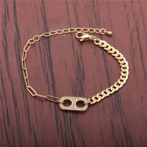 Goldfarbenes Kupferarmband Asymmetrische Büroklammer Und Panzerkette Mit Mikroverzierten Zirkonia Rechteckigem Anhänger Punk