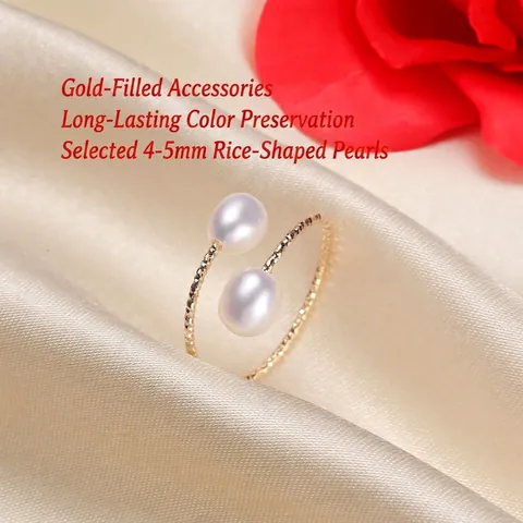 Elegant Freshwater Pearl Ring Gold Filled Adjustable Open Bypass Double Pearl Delicate Jewelry Accessories For Women