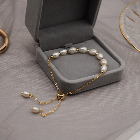 Freshwater Pearl Bracelet For Women Titanium Steel 14K Gold Plated Baroque Beaded Adjustable Hand Chain Jewelry