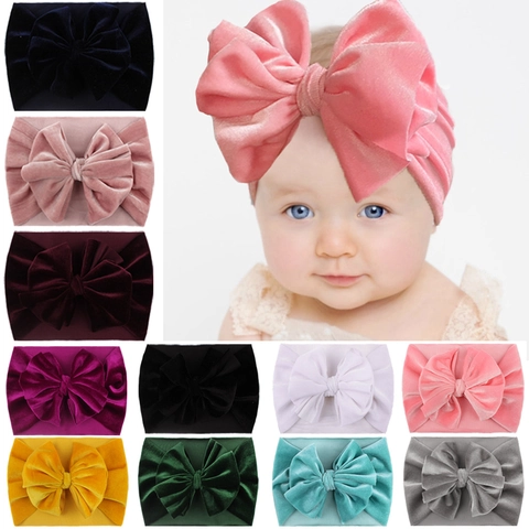 Baby Headband Golden Velvet Soft Nylon Large Bow Elastic Wide Hair Band For Infants Newborn Toddlers Girls