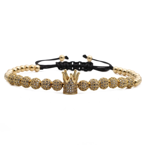 Pulsera Con Amuleto De Corona De Circonia Micro Pavé Cuerda Trenzada Tejida A Mano Ajustable Cuentas De Cobre
