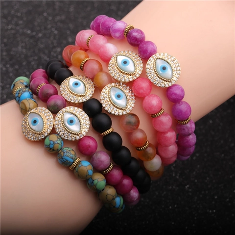 Evil Eye Beaded Bracelet Natural Stone Lava Stone Agate Alloy Rhinestone Charm Elastic Boho Ethnic Jewelry