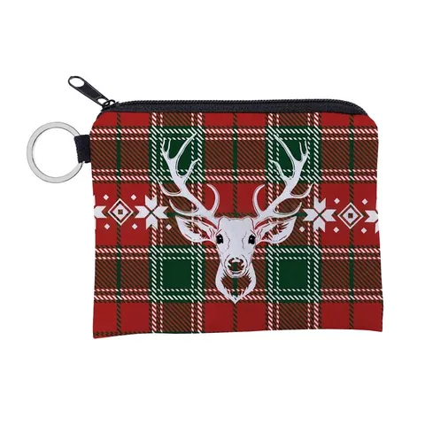 Kerstmis Rendier Ruit Patroon Mini Muntportemonnee Voor Dames Polyester Waterdichte Opbergtas Met Sleutelhanger