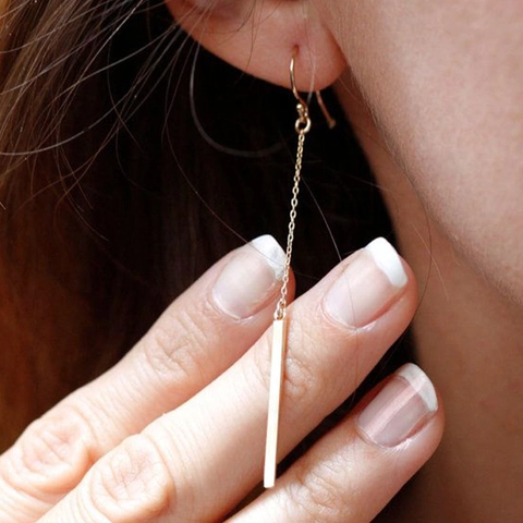 Pendientes de Gota Minimalistas de Acero Inoxidable con Barra Larga y Cadena para Mujer Línea Geométrica Simple Chapados en Oro Rosa Oro