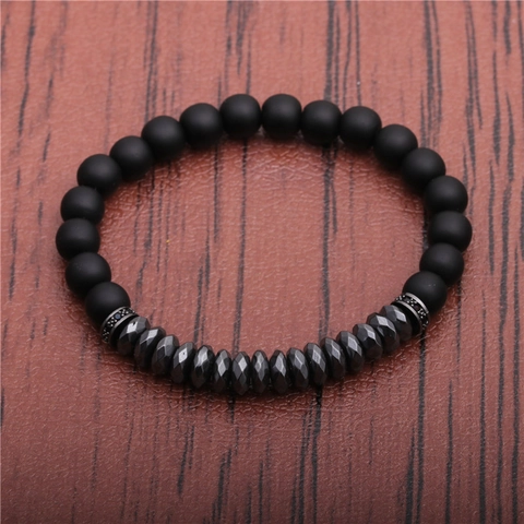 Matte Black Frosted Stone And Faceted Hematite Beaded Bracelet With Rhinestone Alloy Spacers For Men Women