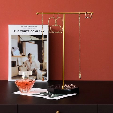 Jewelry Display Stand Metal T-Shape Branch Earring Necklace Organizer Marble Crystal Base Tabletop Storage Decor Rack