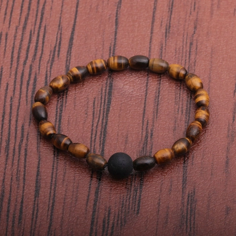 Natural Tiger Eye And Volcanic Lava Stone Beaded Bracelet For Men Handmade Elastic Healing Energy Jewelry Vintage