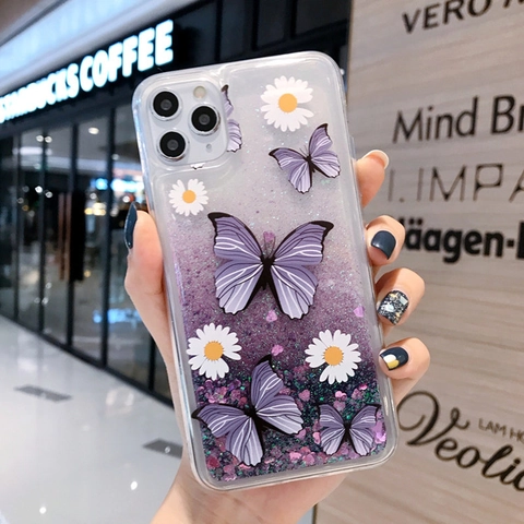Liquid Quicksand Case Purple Butterfly Daisy Glitter Pattern Transparent TPU PC Cover For iPhone 13 12 11 Pro Max