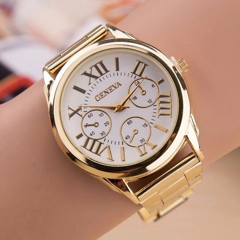 Geneva Women Fashion Quartz Watch Alloy Case Stainless Steel Strap Roman Numeral Analog Casual Wristwatch Elegant
