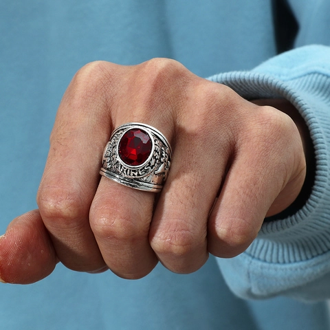 Anillo De Sello Militar Vintage Para Hombre Aleación Plata Envejecida Con Piedra Preciosa Artificial Roja Negra