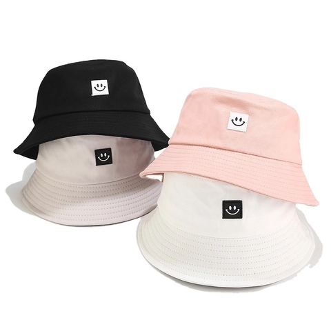 Smile Face Embroidery Cotton Canvas Bucket Hat Outdoor Sun Protection Casual Fisherman Cap