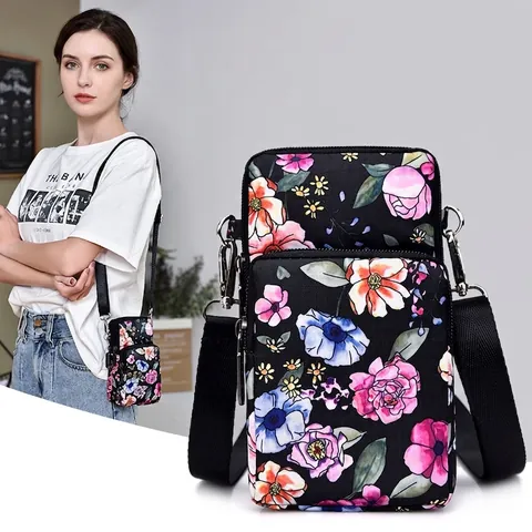 Mini Crossbody Mobile Phone Bag Women Floral Print Oxford Cloth Multi Layer Zipper Pockets Water Resistant Arm Bag