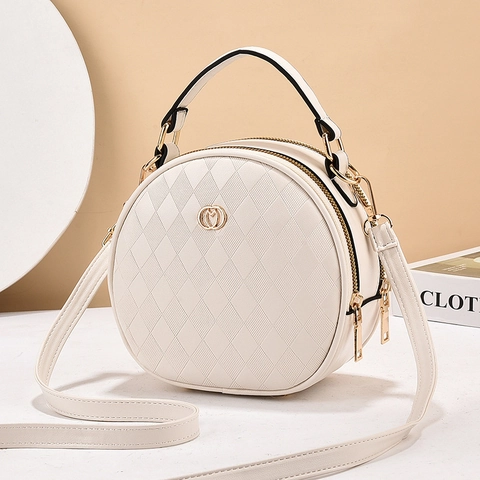 Borsa A Tracolla Rotonda Pelle PU Trapuntata Motivo Diamante Doppia Cerniera Hardware Dorato Elegante Urbana Casual Da Mano