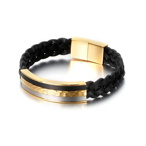 Bracciale In Pelle Intrecciata Da Uomo Con Chiusura Magnetica Acciaio Inossidabile Hip Hop Punk Geometrico Gioielli
