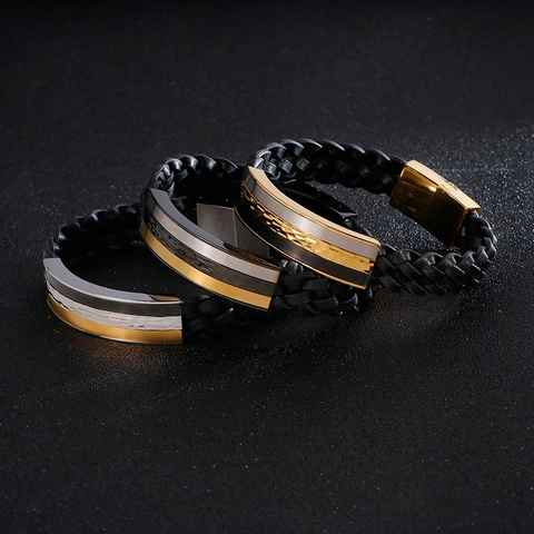 Bracciale In Pelle Intrecciata Da Uomo Con Chiusura Magnetica Acciaio Inossidabile Hip Hop Punk Geometrico Gioielli