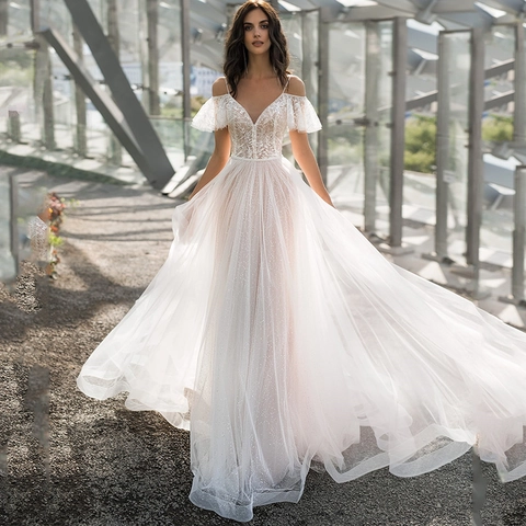 Vestido De Novia Elegante Blanco Encaje Lentejuelas Tul Escote En V Hombros Caídos Vestido Nupcial Corte A Maxi