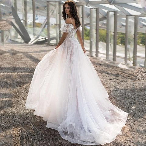 Vestido De Novia Elegante Blanco Encaje Lentejuelas Tul Escote En V Hombros Caídos Vestido Nupcial Corte A Maxi