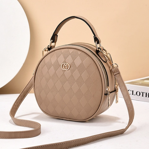 Borsa A Tracolla Rotonda Pelle PU Trapuntata Motivo Diamante Doppia Cerniera Hardware Dorato Elegante Urbana Casual Da Mano