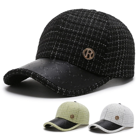 Cappellino Da Baseball Tweed Pelle PU Tesa Curva Regolabile Parasole Moda Stile Retrò Per Donne Uomini
