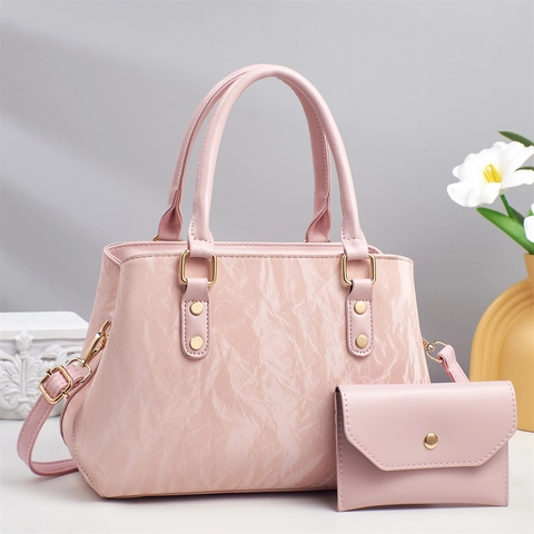 Elegant Women PU Leather Handbag And Small Wallet Crinkle Pattern Gold Hardware Large Capacity Commuting Shoulder Purse