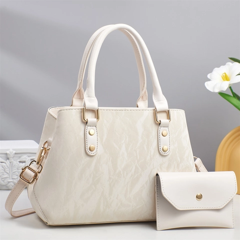 Elegant Women PU Leather Handbag And Small Wallet Crinkle Pattern Gold Hardware Large Capacity Commuting Shoulder Purse