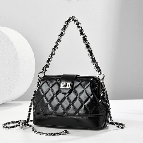 Quilted Rhombus Chain Shoulder Bag PU Leather Elegant Commuter Handbag With Metal Lock For Women