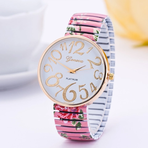 Women Quartz Watch Floral Print Elastic Alloy Strap Fashion Casual Large Arabic Numerals Round Dial Elegant Timepiece