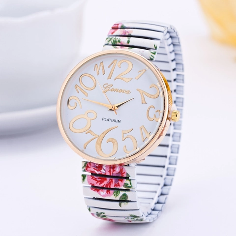 Women Quartz Watch Floral Print Elastic Alloy Strap Fashion Casual Large Arabic Numerals Round Dial Elegant Timepiece
