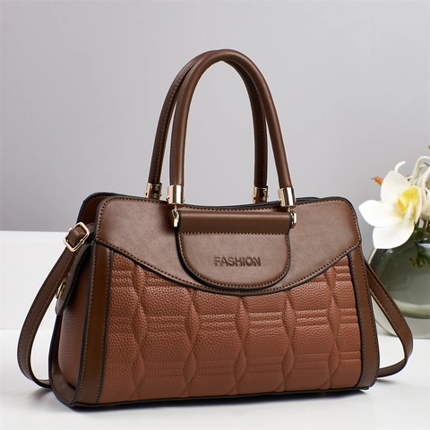 Women Handbag PU Leather Color-Contrast Quilted Tote Bag Large Capacity Commute Simple Trendy Shoulder Bag