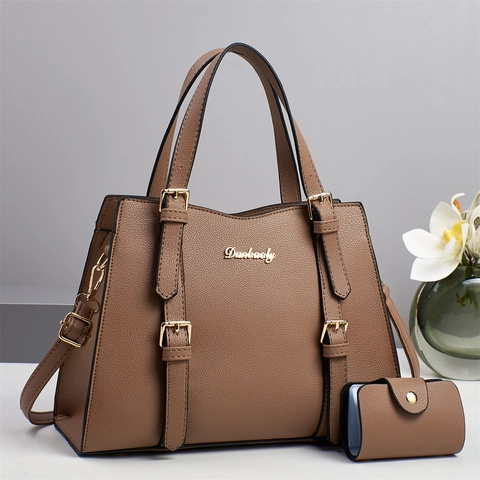 Women Litchi Grain PU Leather Handbag Boston Tote Crossbody Bag With Detachable Strap And Mini Coin Purse Elegant Commuting Bag