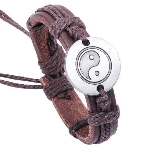 Pulsera Retro Tai Chi Yin Yang Colgante De Aleación Cuero De Vaca Genuino Trenzado Multicapa Ajustable Étnica