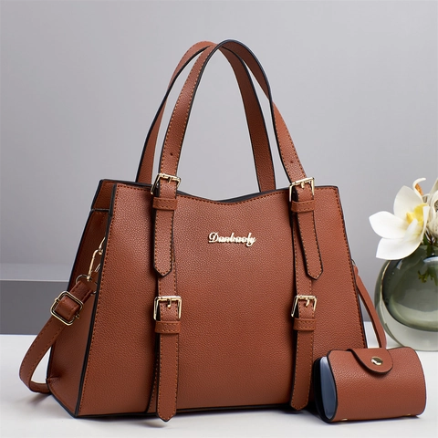 Women Litchi Grain PU Leather Handbag Boston Tote Crossbody Bag With Detachable Strap And Mini Coin Purse Elegant Commuting Bag