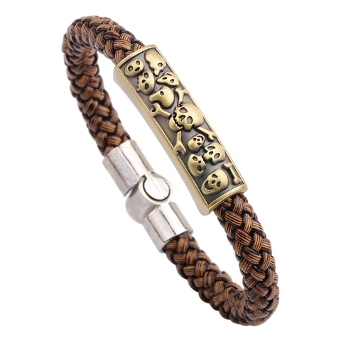 Pulsera Cuero Trenzado Hombre Placa Aleación Calavera Retro Punk Hip Hop Con Cierre Magnético Bronce