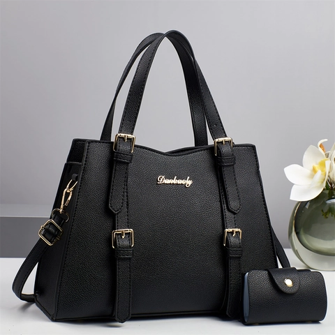Women Handbag Tote PU Leather Lychee Pattern Large Capacity Decorative Belt Gold Hardware Crossbody Shoulder Bag Matching Card Purse