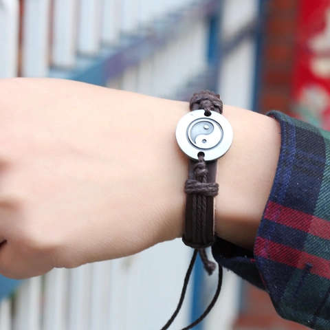 Pulsera Retro Tai Chi Yin Yang Colgante De Aleación Cuero De Vaca Genuino Trenzado Multicapa Ajustable Étnica